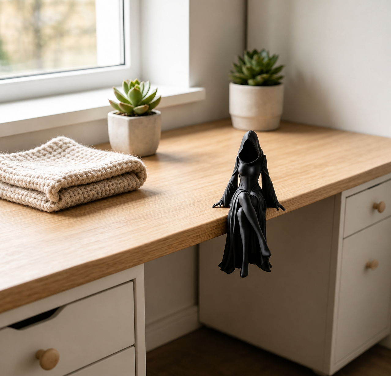 Decorative witch statue in a home setting