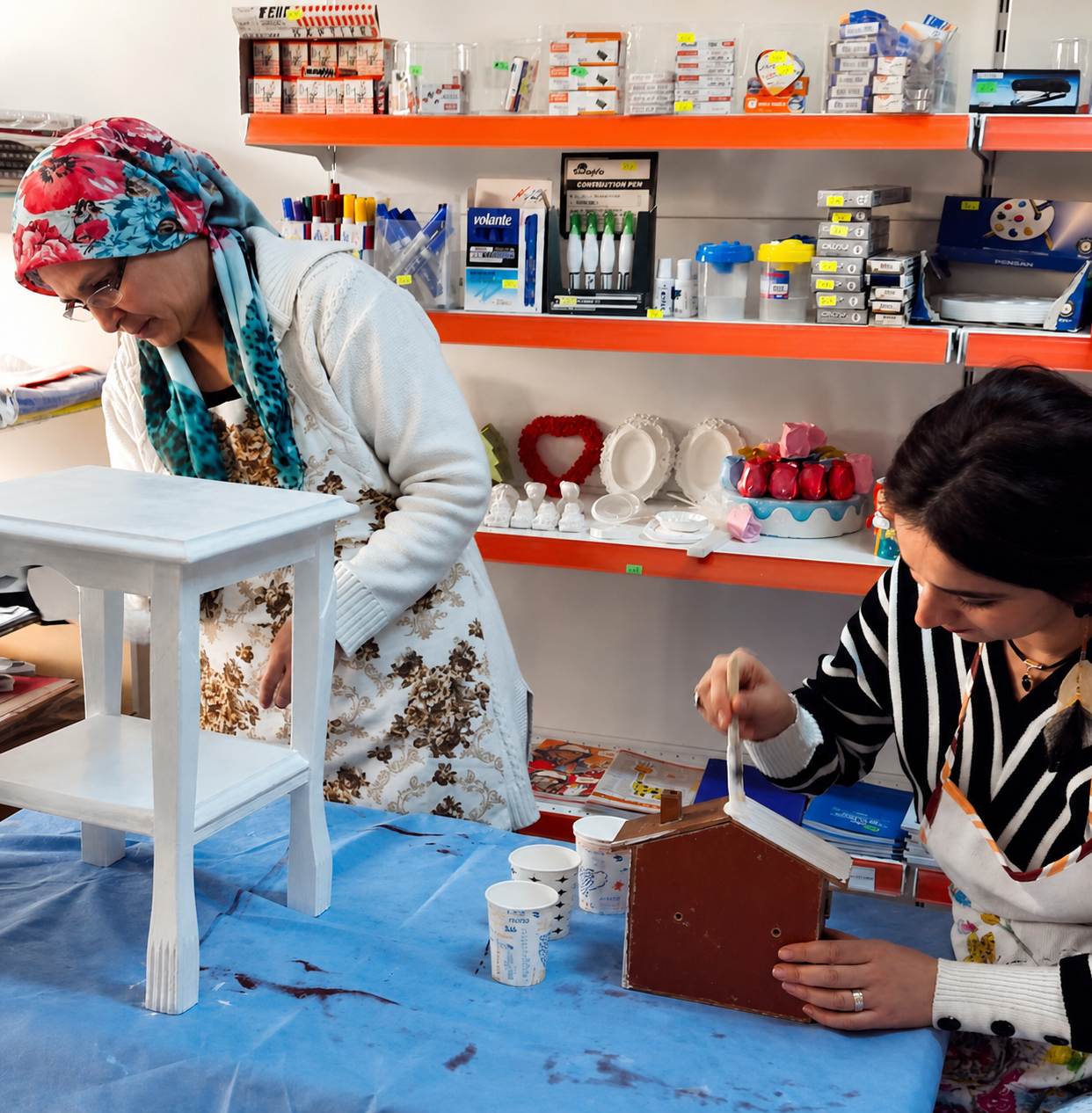 Two people working on handmade projects
