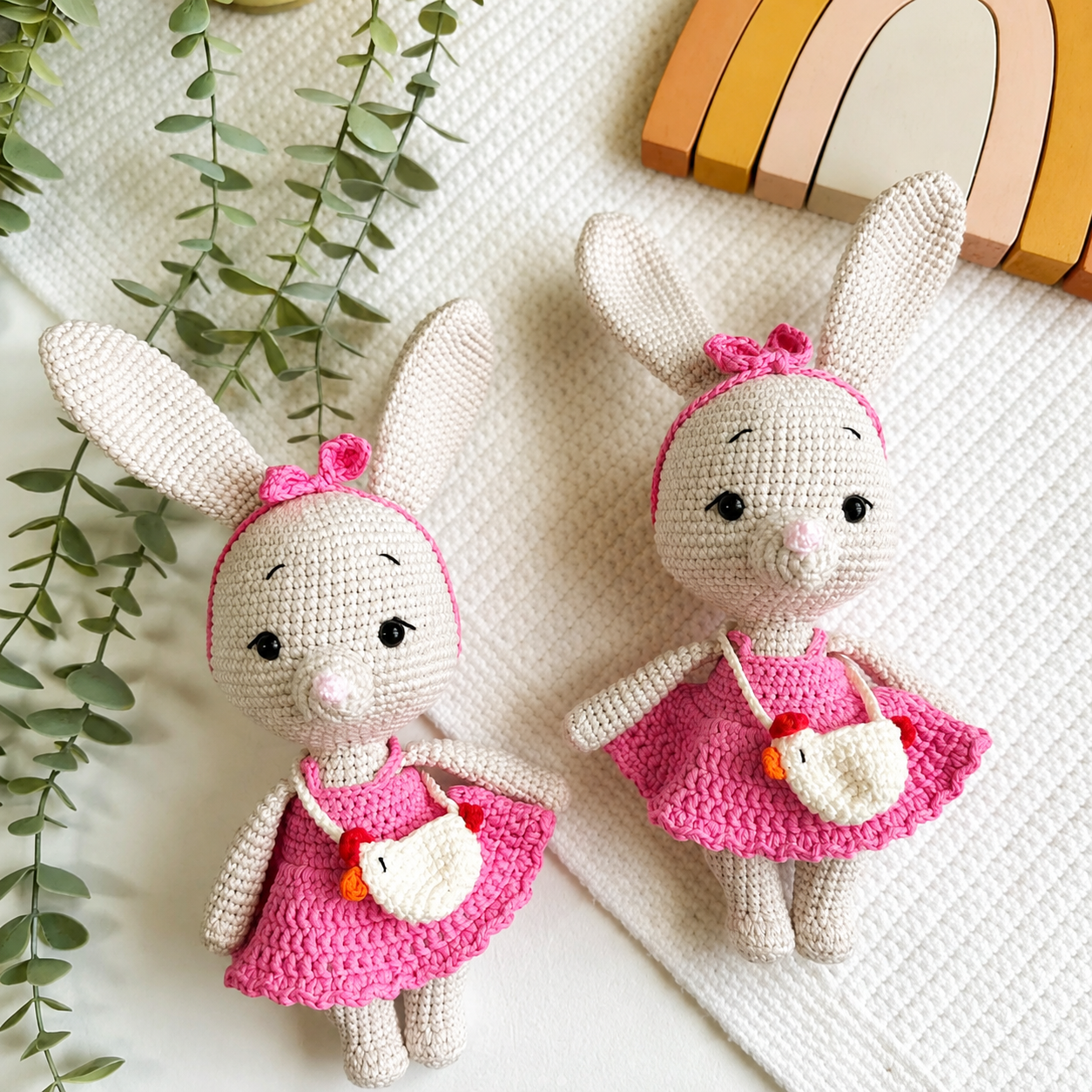 Two handmade crochet rabbits with tiny bags